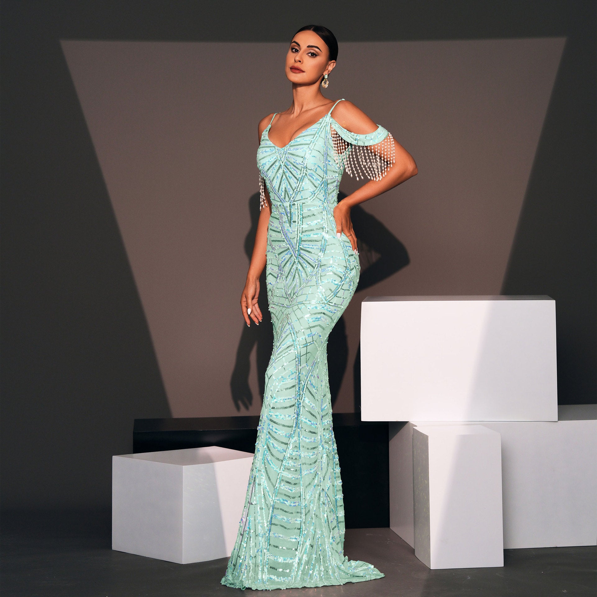 Women suspenders V-neck sexy sequins Formal Party fishtail evening dress 5