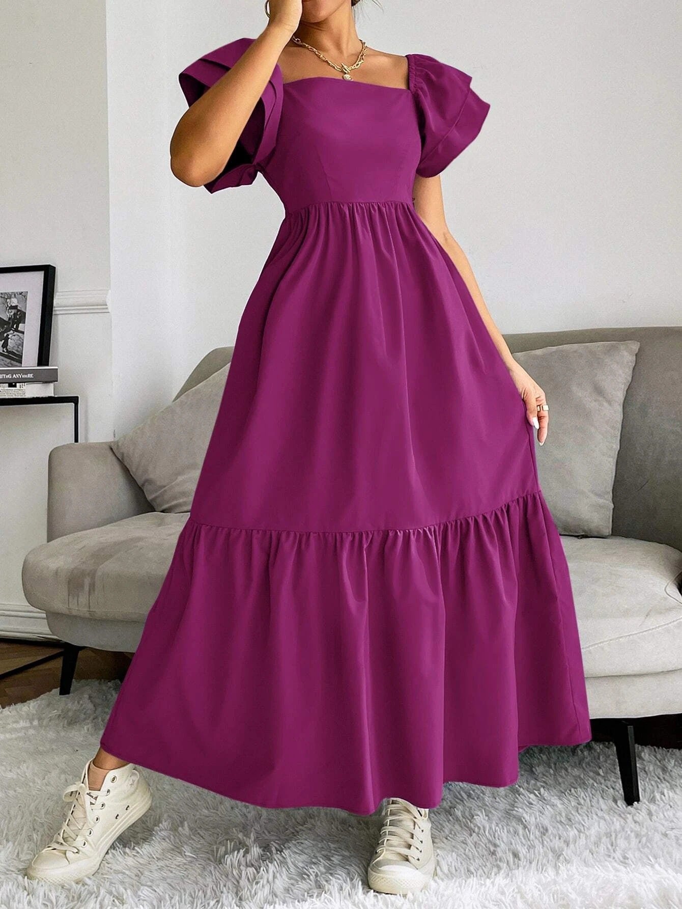 Women Ruffled Off Shoulder Flying Sleeve Solid Dress 6