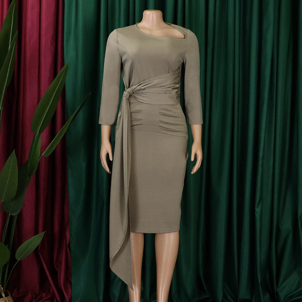 Women's Fall/Winter Solid ol Chic Career Ruched Belted Midi Dress 10
