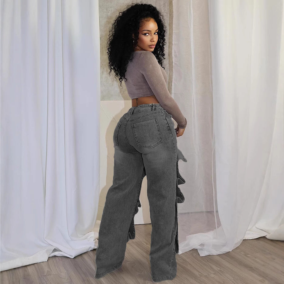 Women's Straight Denim Pants Autumn Street Trend Button High Waist Pants 14