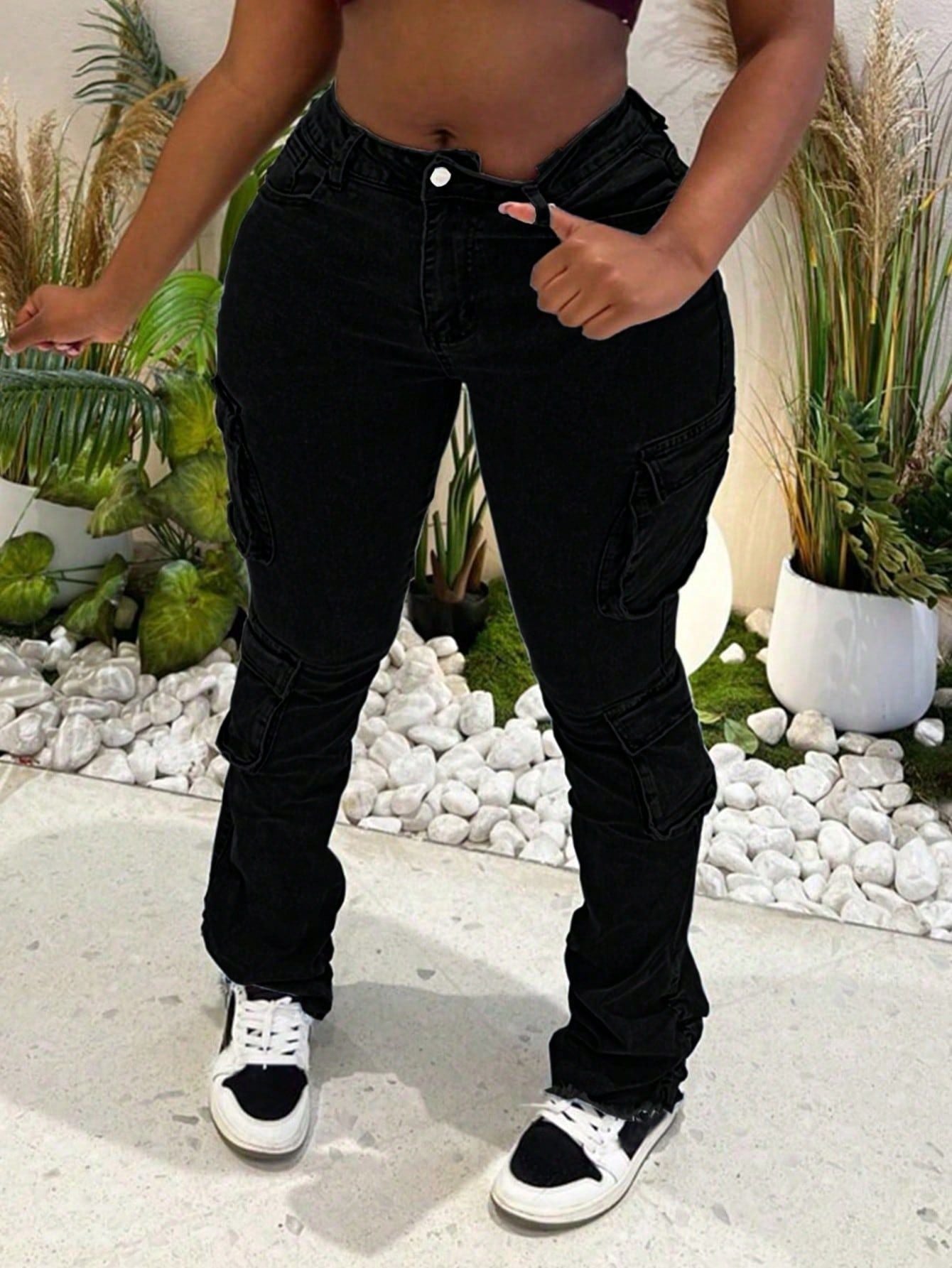 Women Pocket Stretchy Pleated Trousers Denim Trousers 6