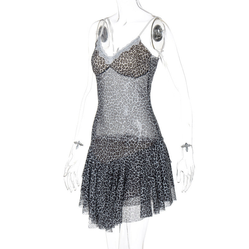 Women Summer Leopard Print V-neck Mesh Patchwork Ruffle Strap Dress 7