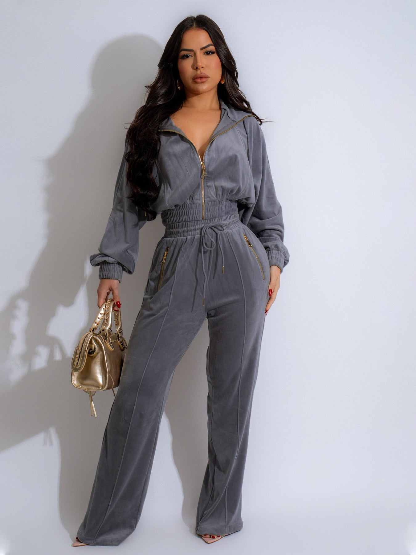 Women long-sleeved Turndown Collar zipper Top and pants Two Piece Set