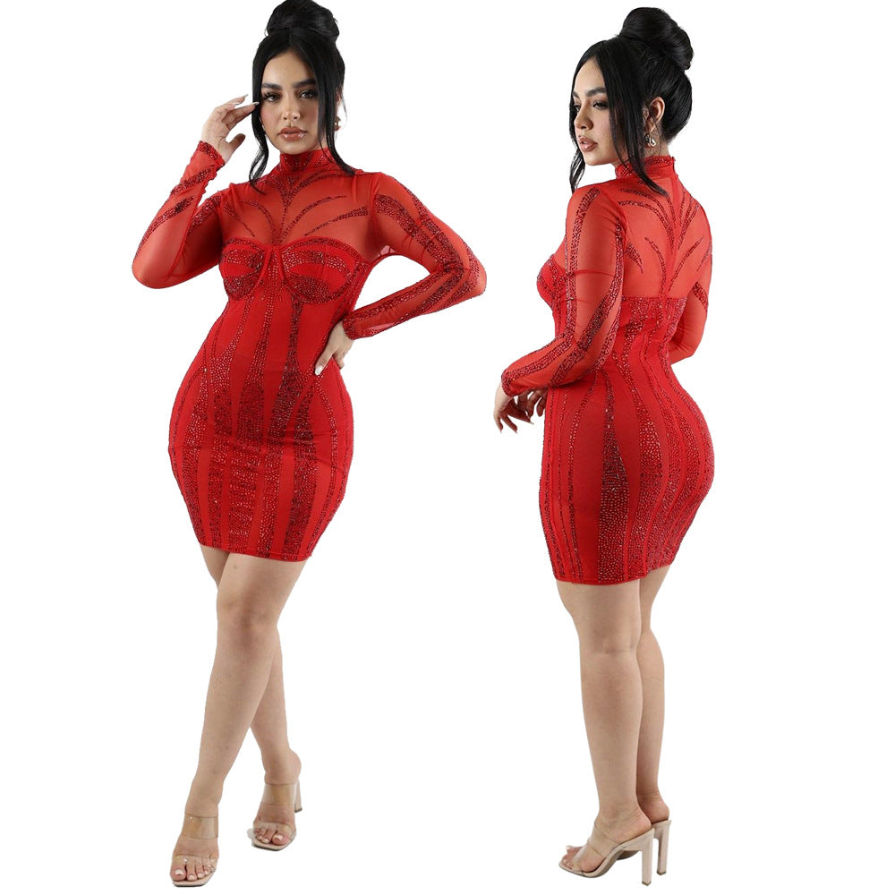 Sexy Solid Color Long Sleeve Beaded Bodycon Dress 7
