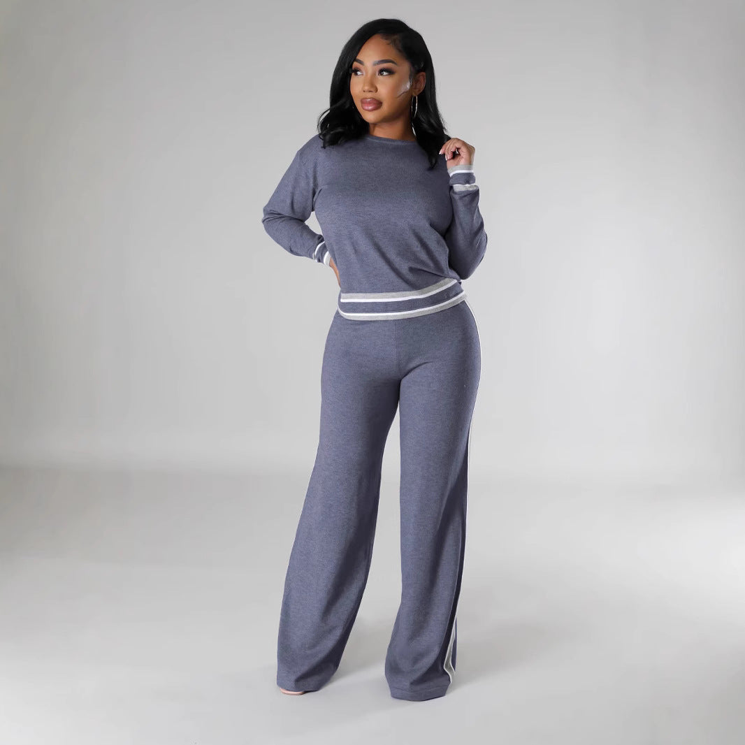 Women's Autumn And Winter Long-Sleeved Knitting Shirt Wide-Leg Trousers Casual Two-Piece Set 9