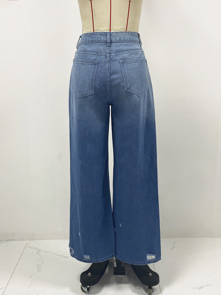 Straight Ripped Denim Pants Women's Summer Wide Leg Jeans 6