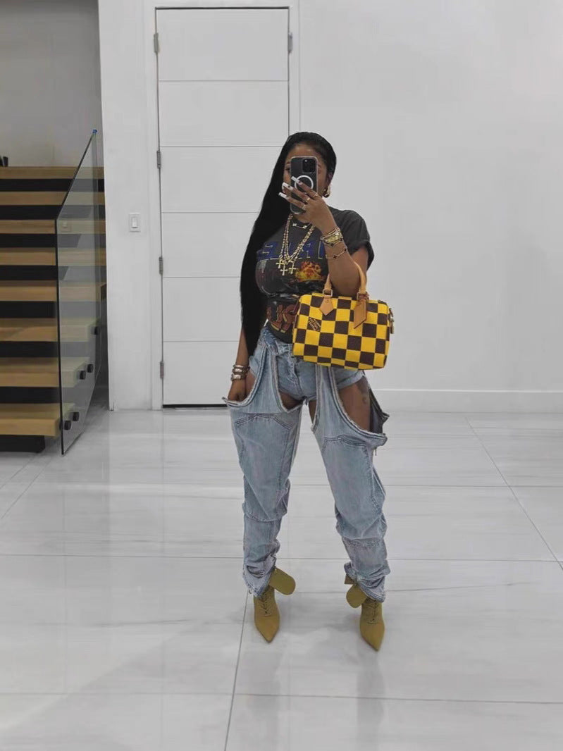 Fashion Irregular Hollow Patchwork Zipper Elastic Denim Jeans 5