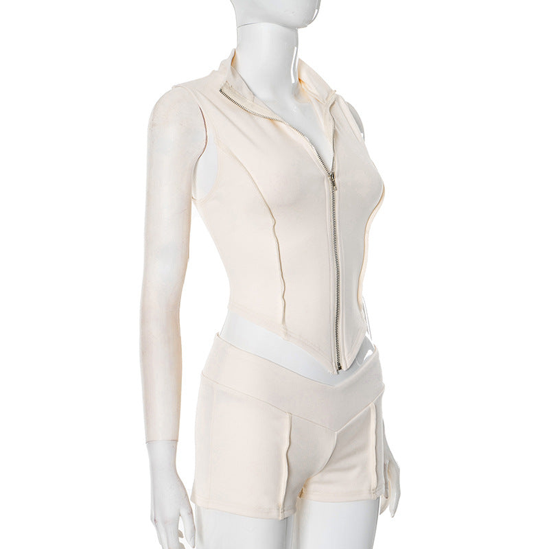 Spring Summer Women's Zipper Turndown Collar Sleeveless Crop Top High Waist Tight Shorts Two Piece Set 9