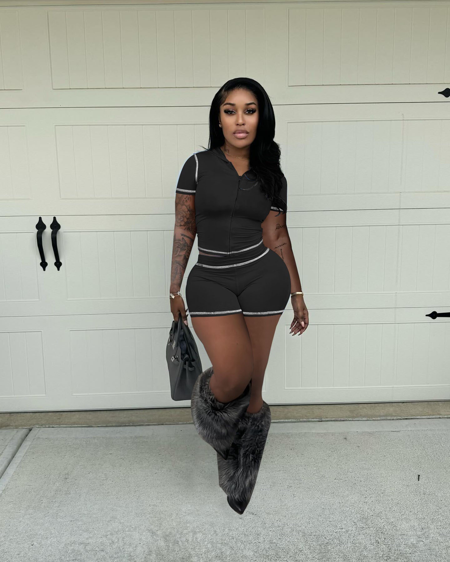 Summer Zipper Hooded High Stretch Sports Casual Short Sleeve Two Piece Shorts Set 3