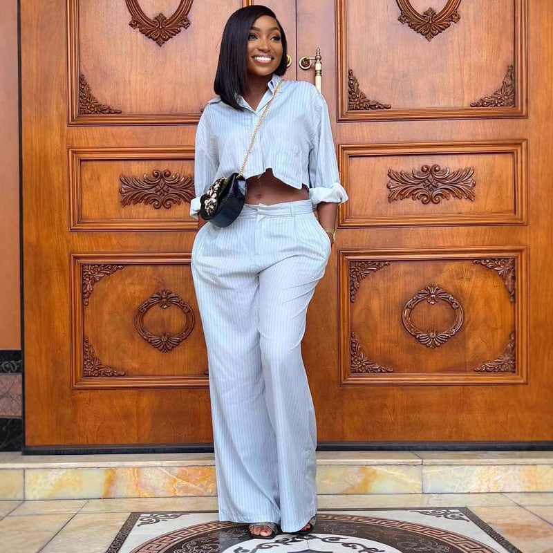 Plus Size Women African Stripe Turndown Collar Shirt Casual Wide Leg Pants Two Piece Set 3