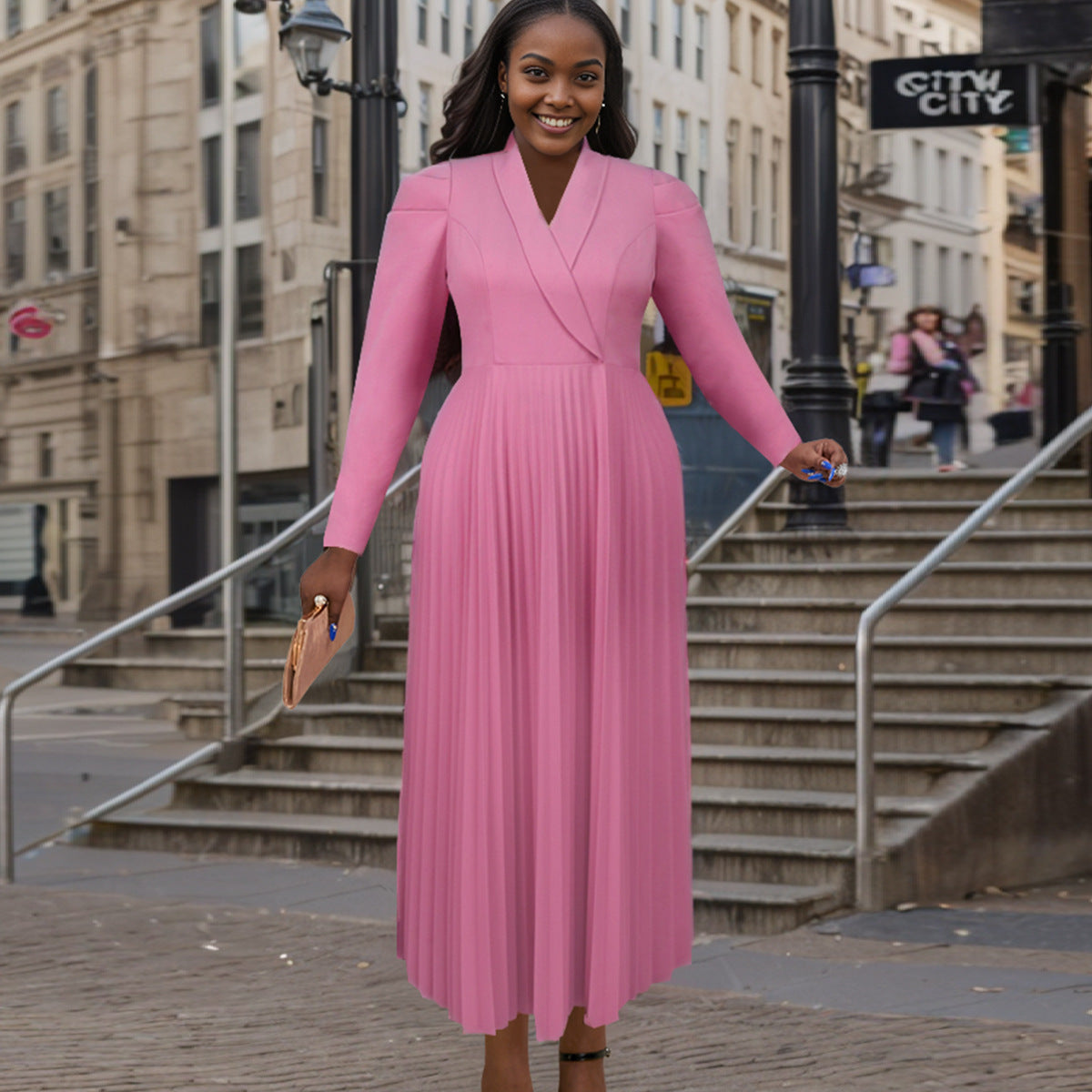 Chic Style Turndown Collar Career Pleated Dress 3