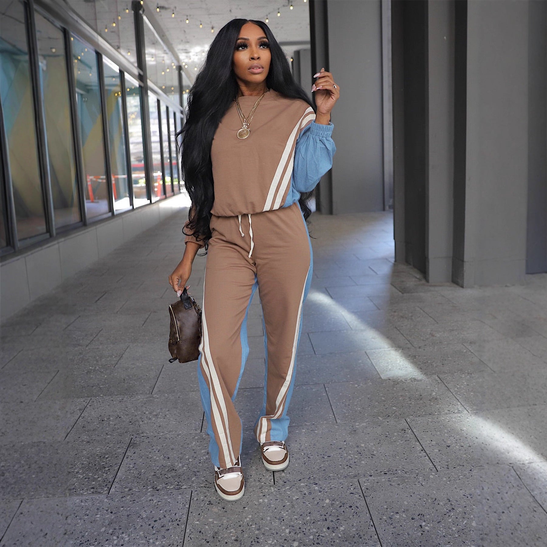 Autumn Winter Sport Color Block Striped Long Sleeve Hoodies Drawstring Pants Two-Piece Set 4