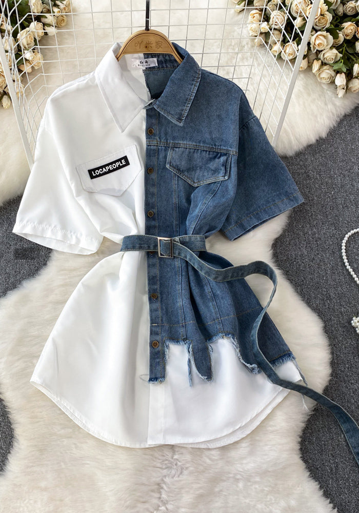 Color Block Turndown Collar Slim Waist A-Line Single Button Denim Shirt Irregular T-Shirt Dress