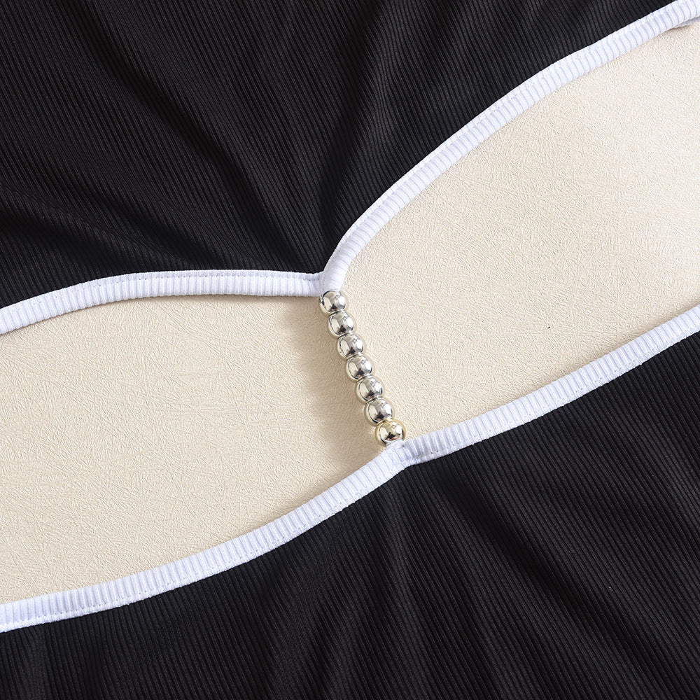 Women Summer Contrast Color Cut Out Round Neck Dress 11