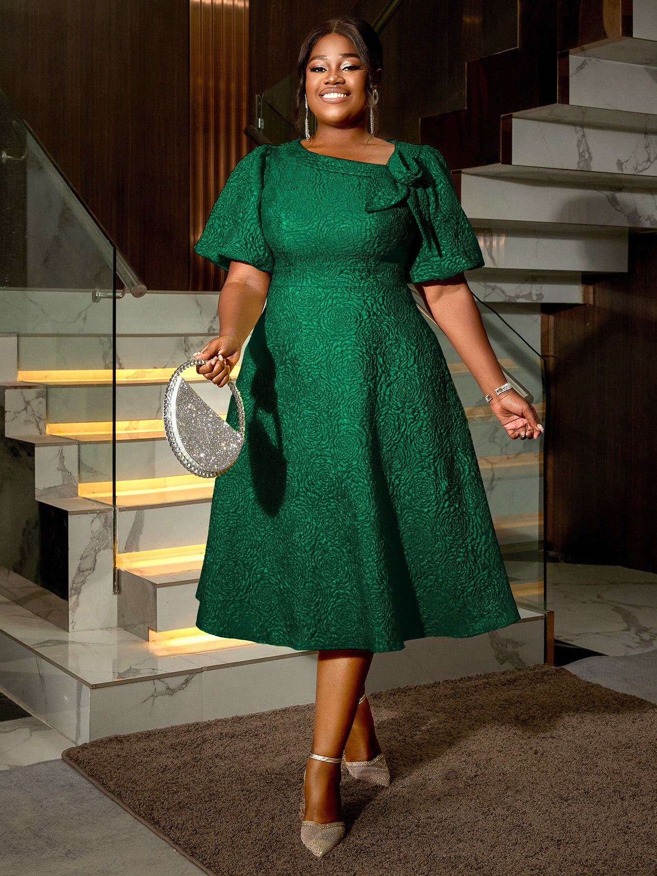 Fashion Puff Sleeve High Waist Plus Size Party Dress