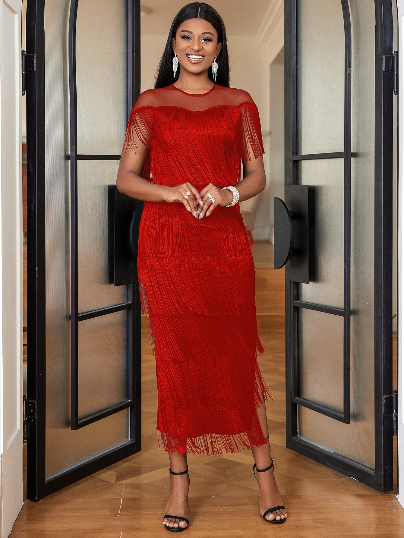 Women Mesh Patchwork tassel Round Neck sexy evening bodycon dresses 4