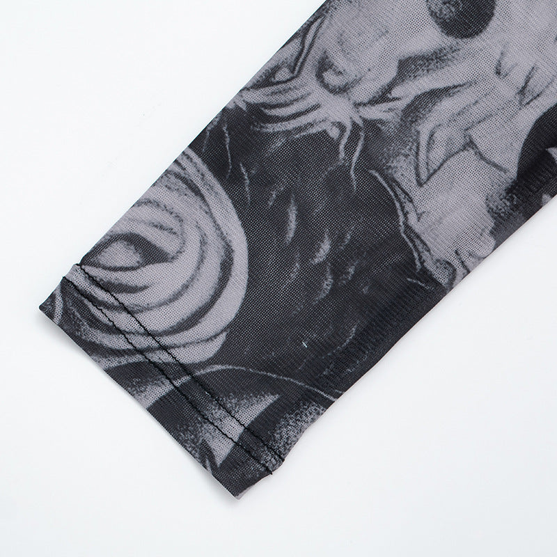 Women's Summer Autumn Zipper Round Neck See-Through Print Long Sleeve Two Piece Shorts Set 23