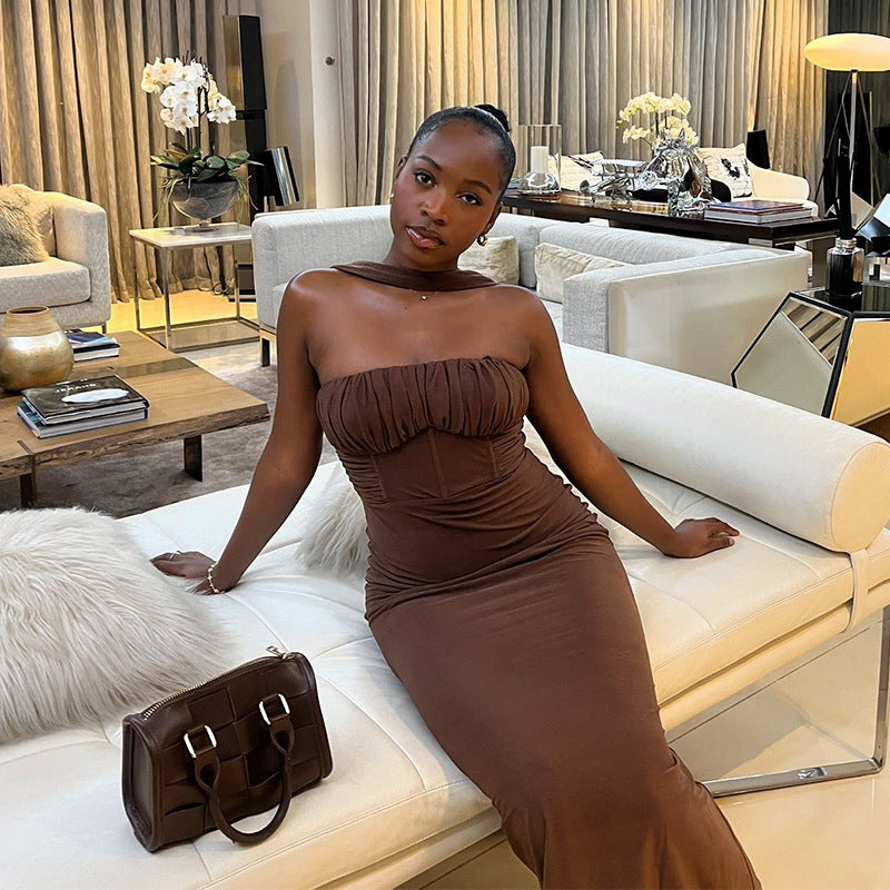 Women Solid Strapless Halter Neck Off-Shoulder Sleeveless Dress