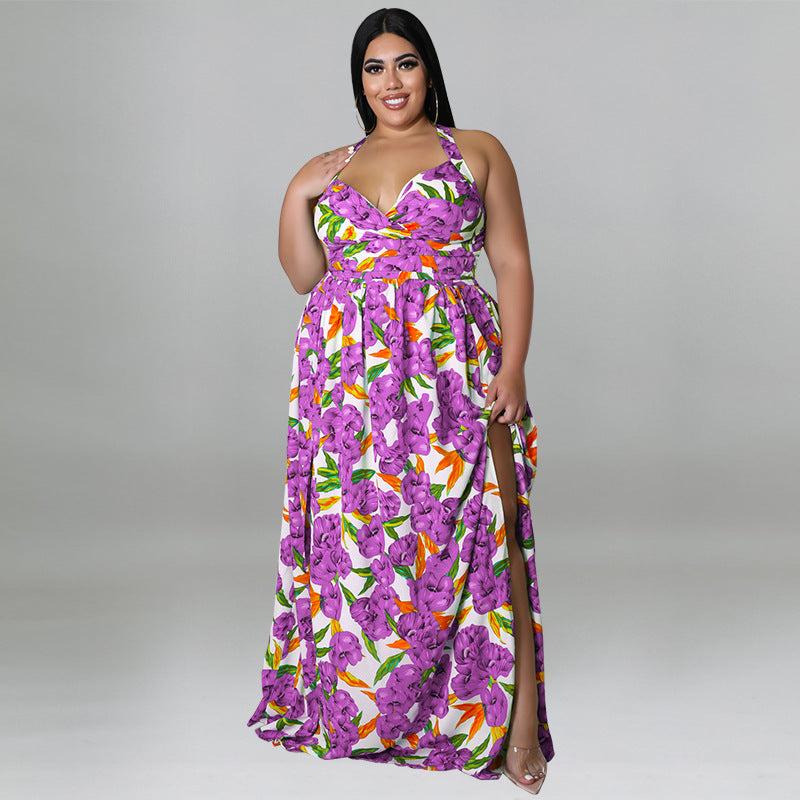 Plus Size Women's Summer Sexy Halter Low Back Print Slit Maxi Dress 4