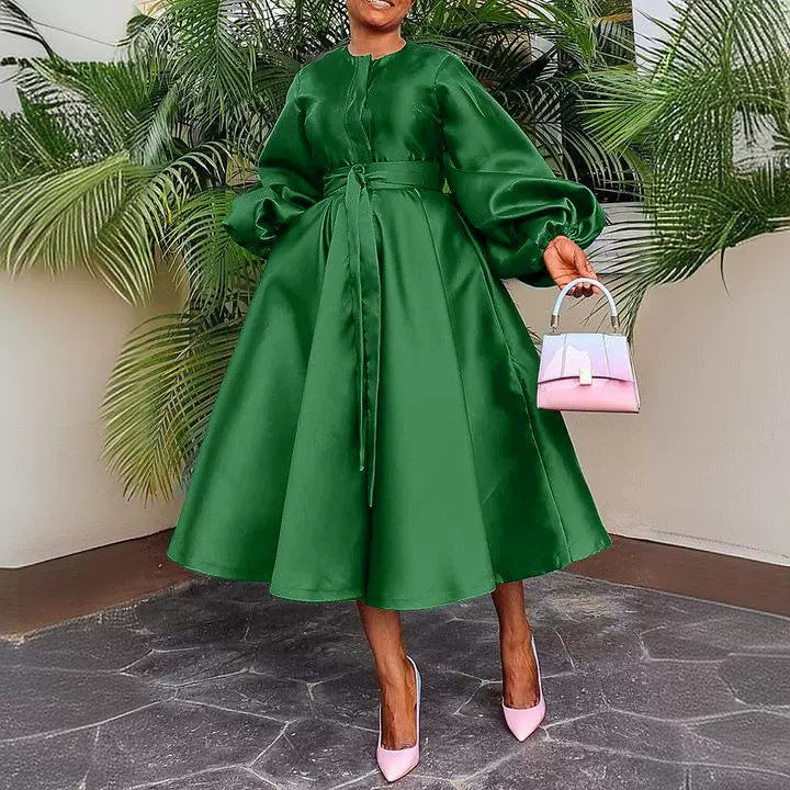 Women Solid Loose Buttoned Balloon Sleeve Dress 9