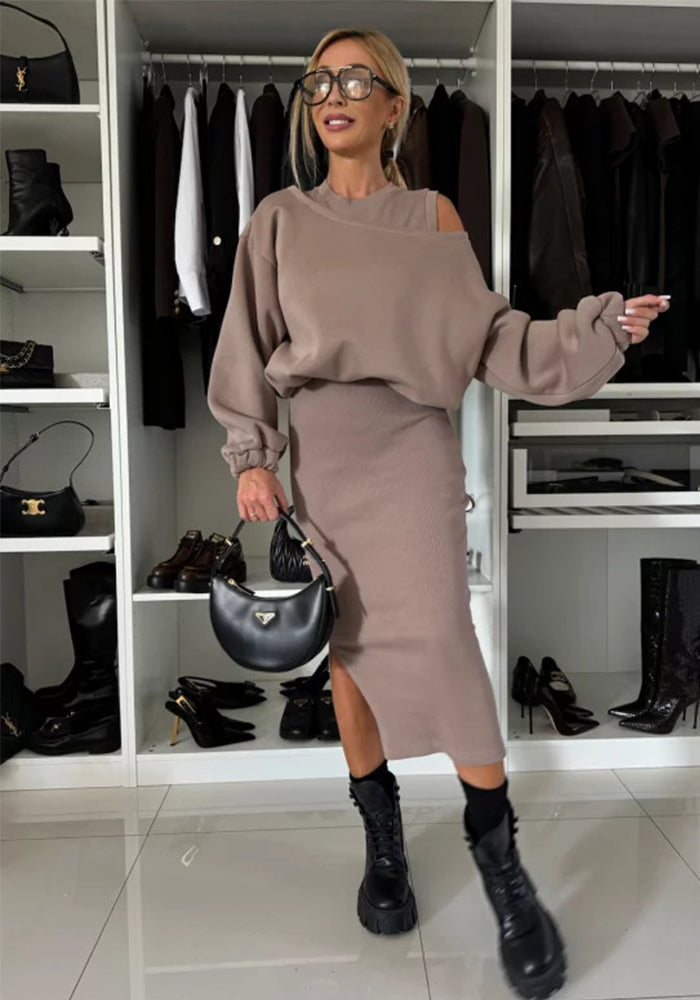 Autumn Loose Off Shoulder Bat Sleeves Top Long Skirt Two Piece Set For Women