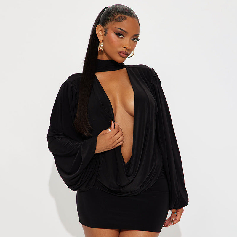 Women Fall Solid Casual V-Neck Long-Sleeved Top and Mini Skirt Two-Piece Set 20