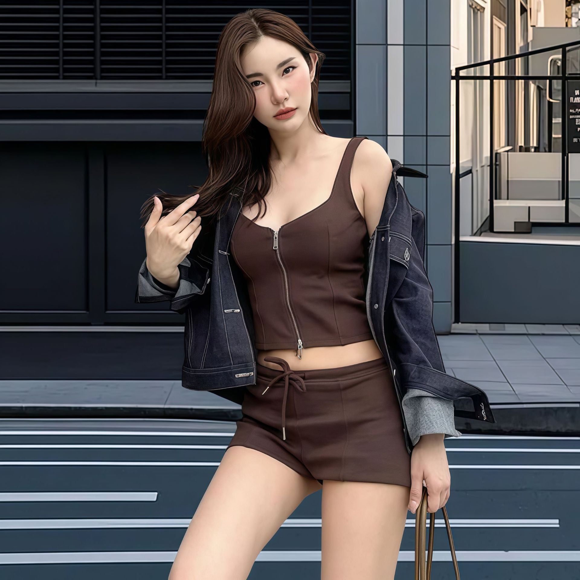 Women zippered vest top with drawstring and shorts two-piece set 13