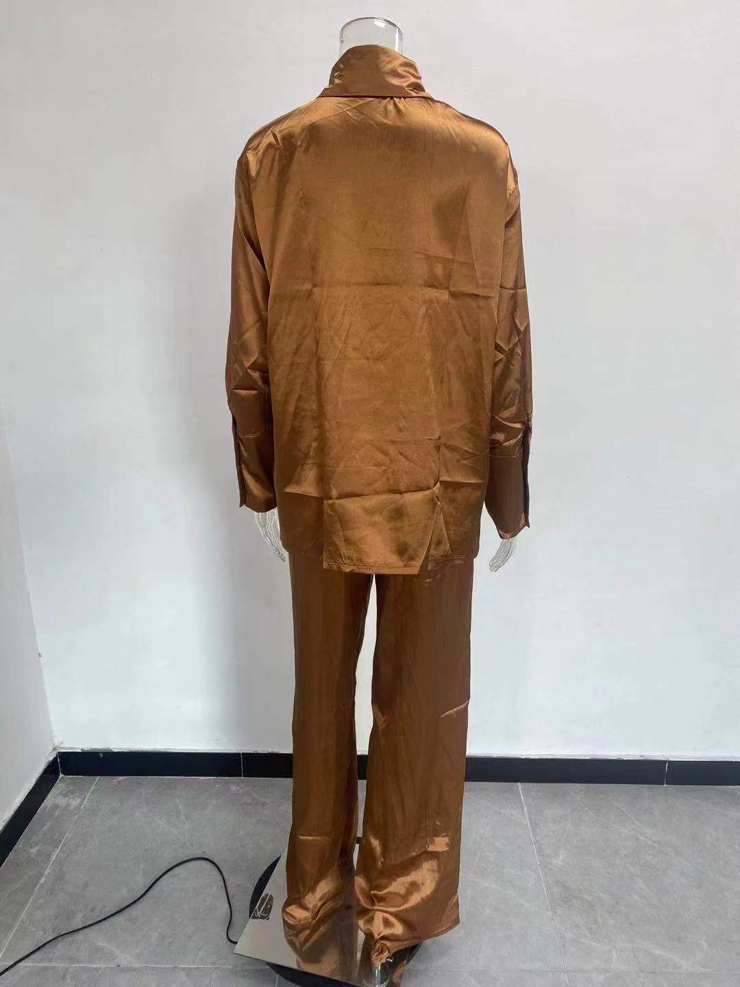 Solid Color Satin Long Sleeve Casual Two Piece Pants Set Trendy Lounge Wear 18