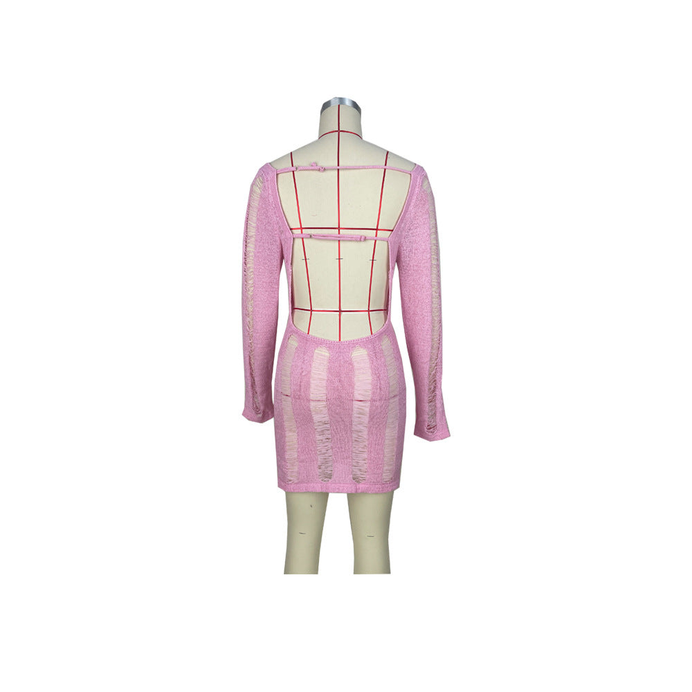 Women's Sexy Hollow Thin Long Sleeve Top Round Neck Hollow Back Dress 15