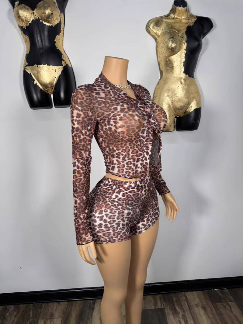 Women Sexy Long Sleeve Leopard Top and Shorts Two Piece Set 3