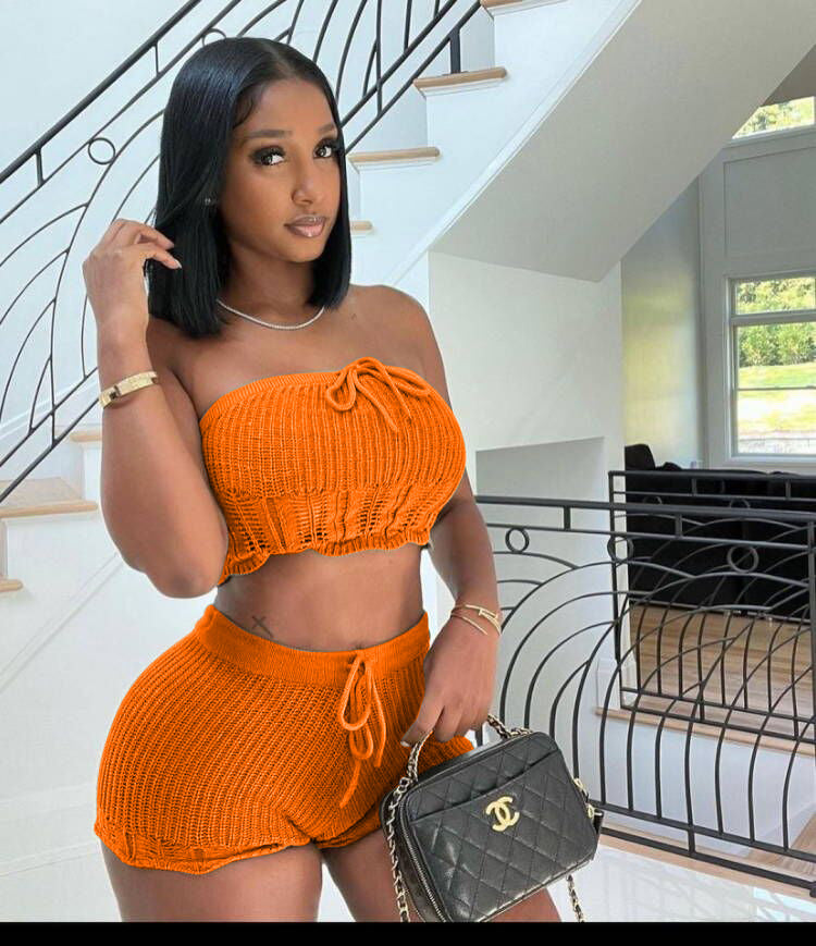 Women Casual Knitting Strapless Tube Top and Shorts Two-Piece Set 4