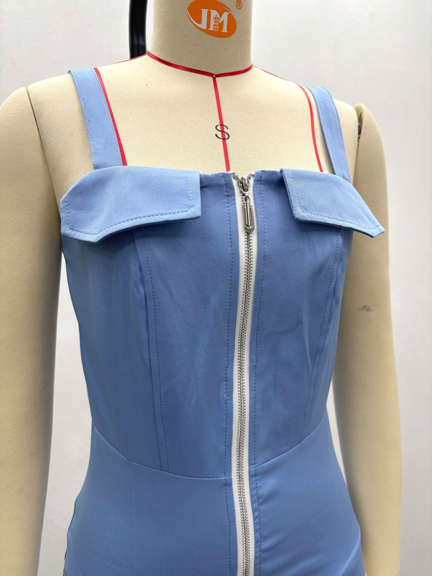 Summer Sexy Zipper Strap Women's Patchwork Pleated Short Dress 9