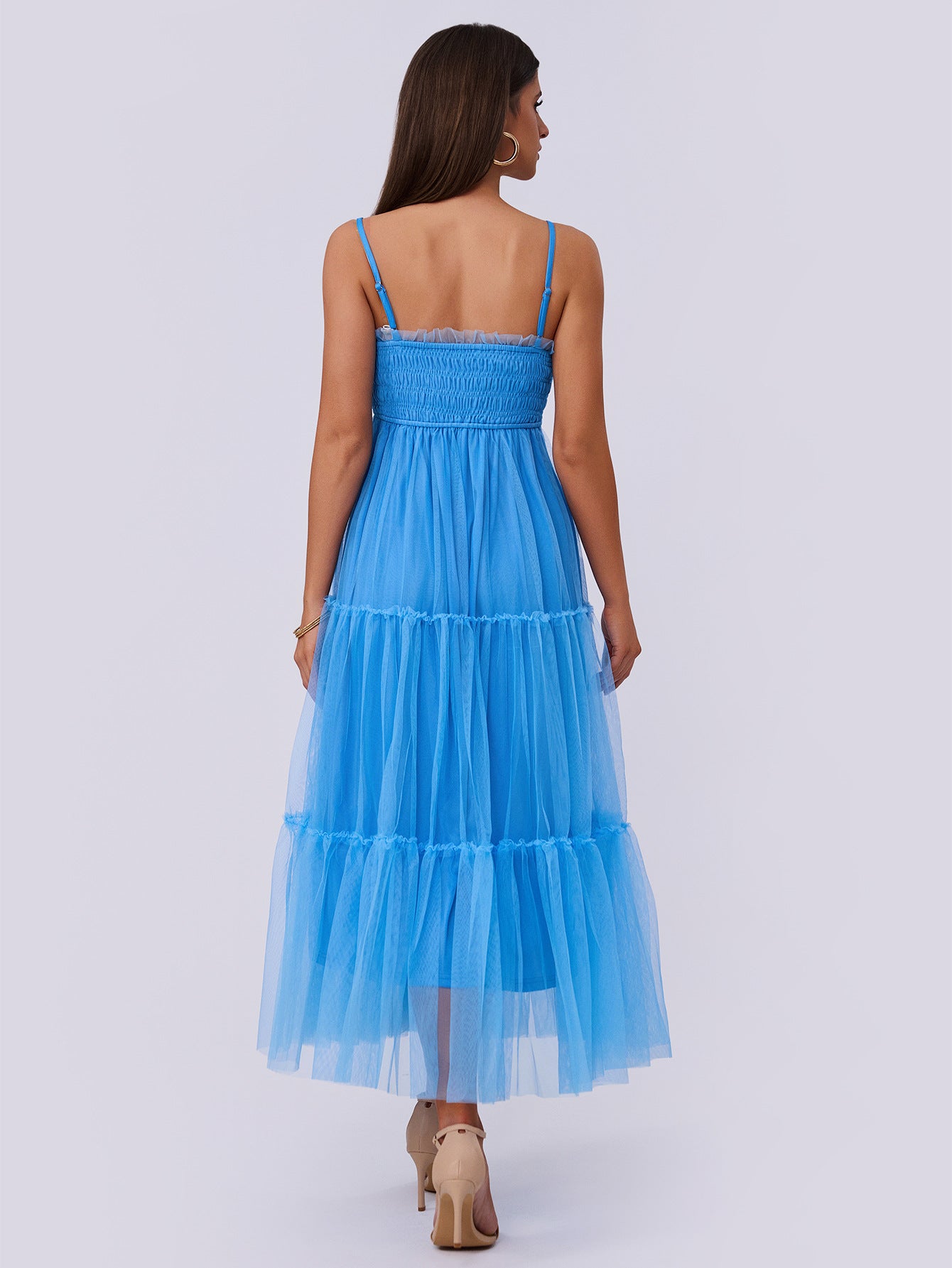 WomenŸ??s Strappy Pleated Mesh Patchwork Puffy Short Sleeve Dress 4