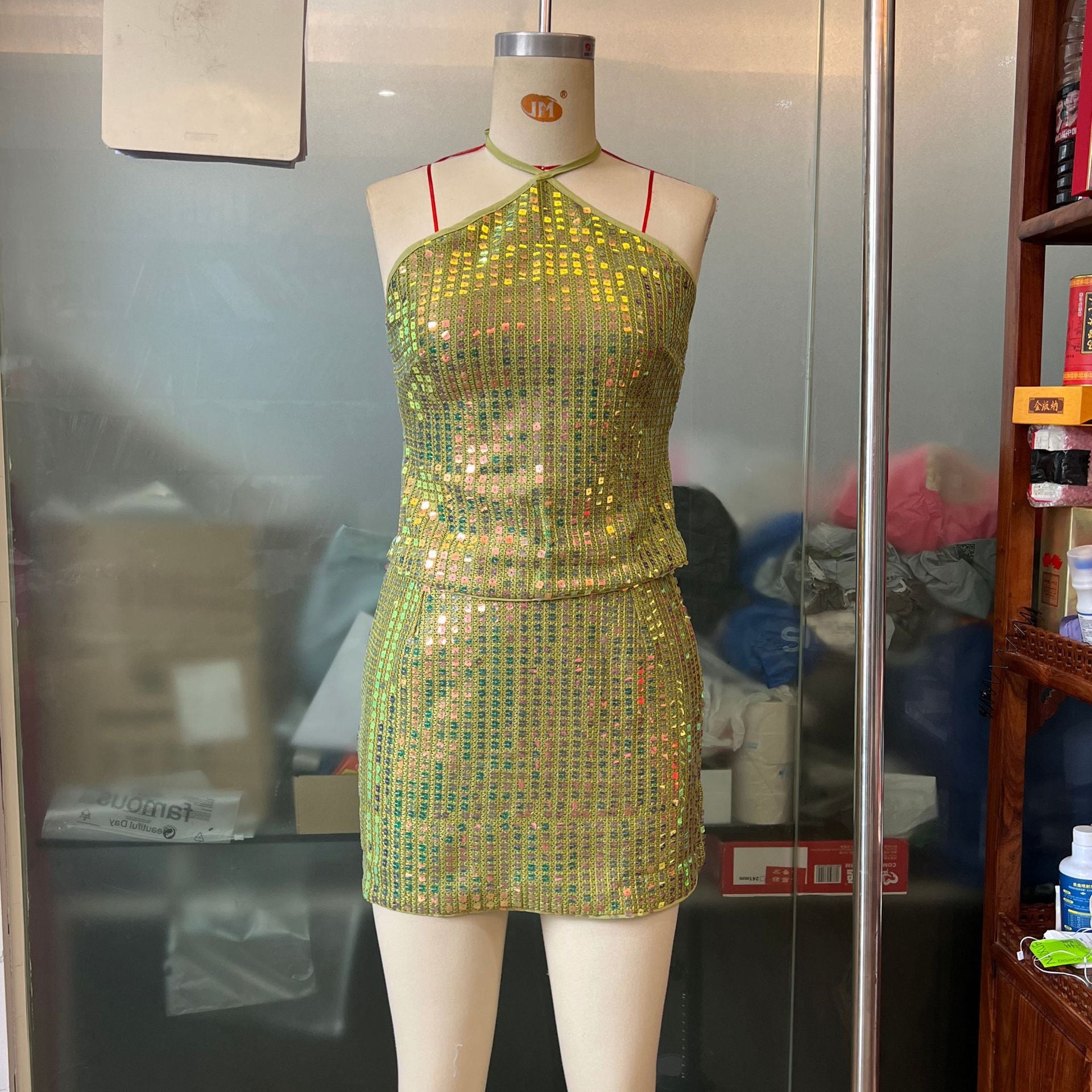 Women's Sexy Sequin Strap Crop Top Bodycon Skirt Set 4