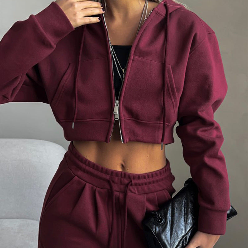 Autumn Women's Casual Solid Color Short Open Waist Hooded Top Drawstring Sweatpants Two Piece Set 9