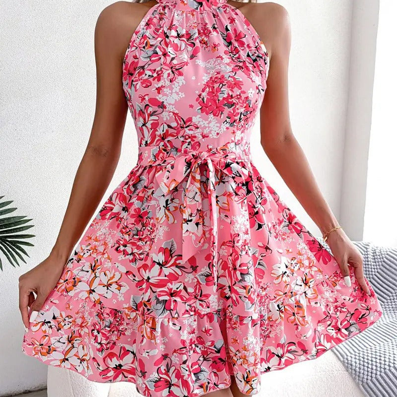 Summer Sleeveless Floral Halter Neck Slim Waist Dress 7