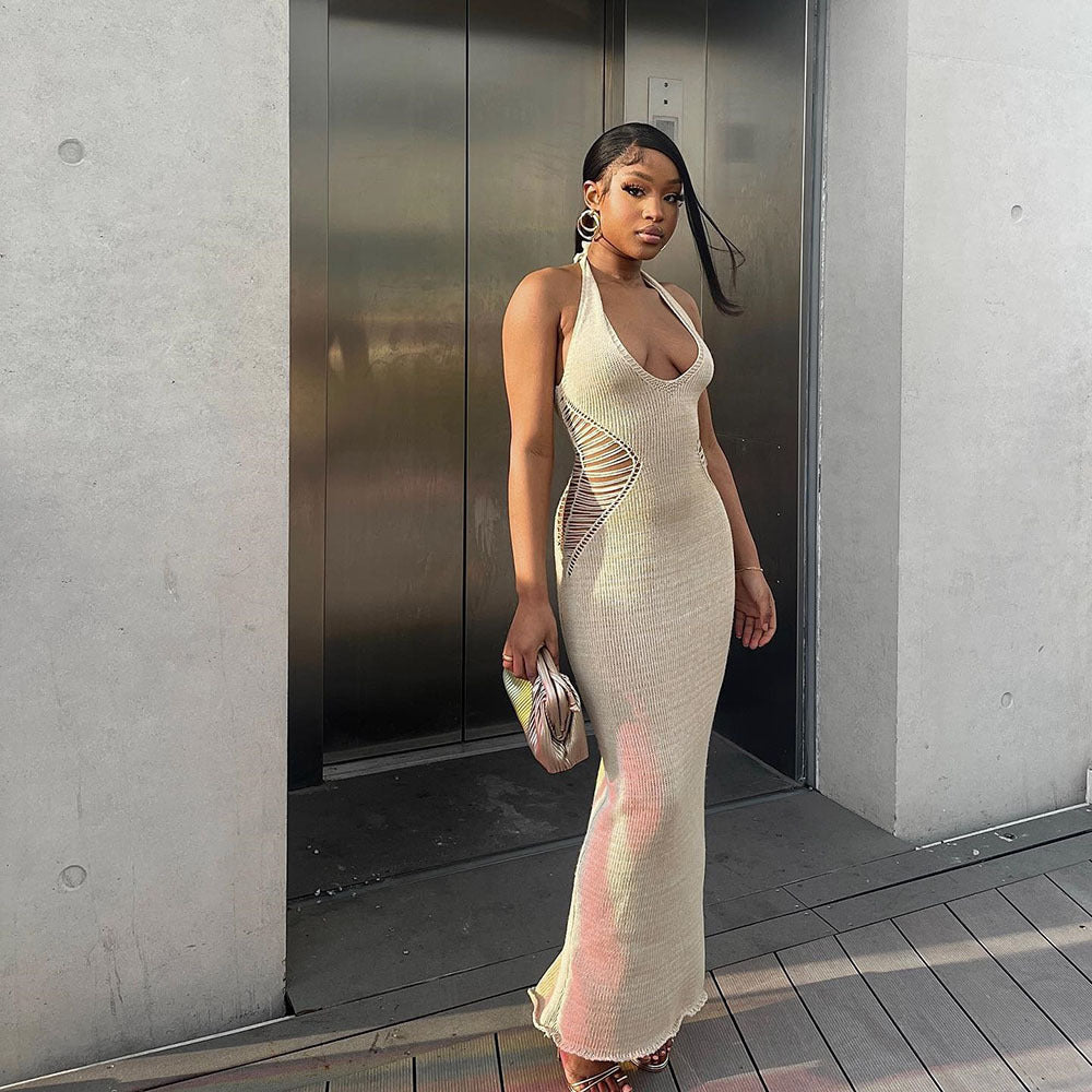 Women's Hollow Style U Neck Tie Knitting Long Dress 6