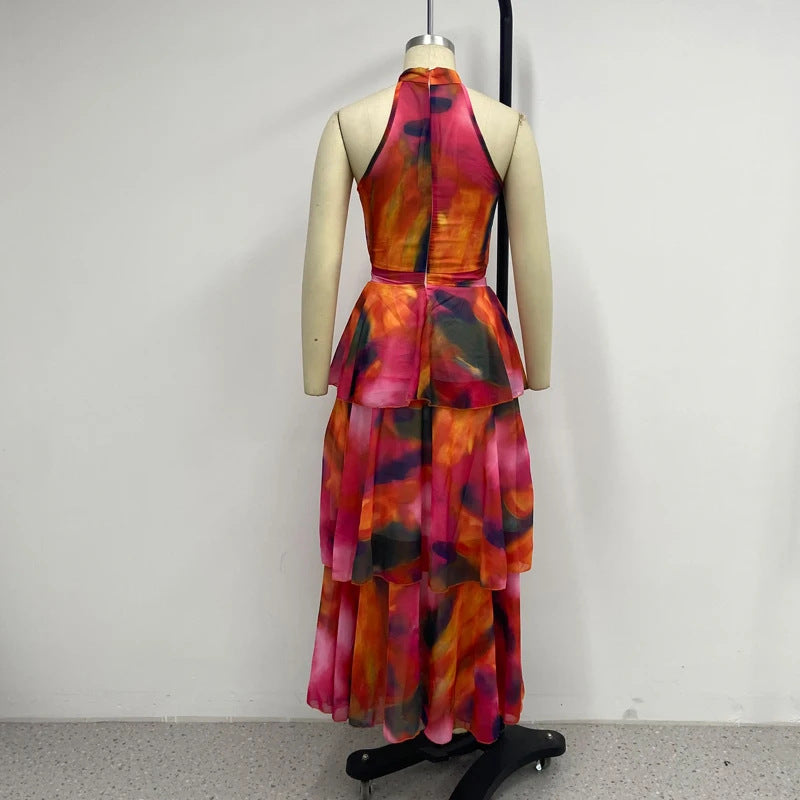 Women Summer Print Round Neck Sleeveless Puffy Cascading Ruffles Dress 9