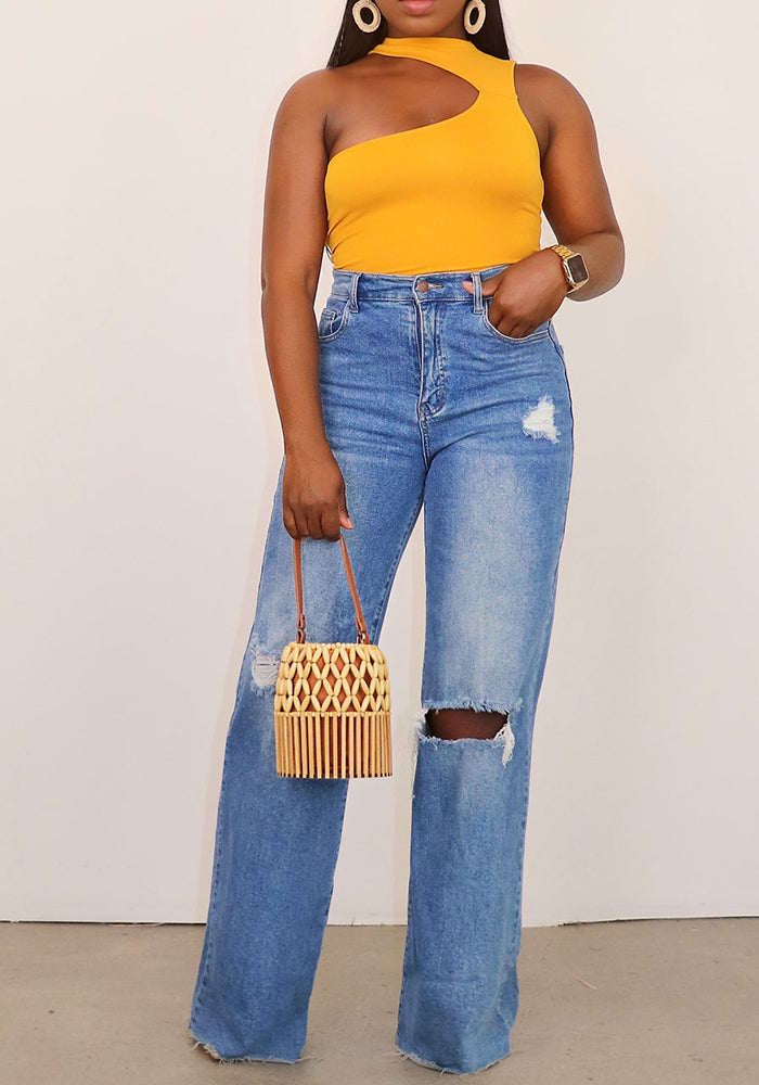 Women Ripped Denim Washed Wide Leg Straight Pants