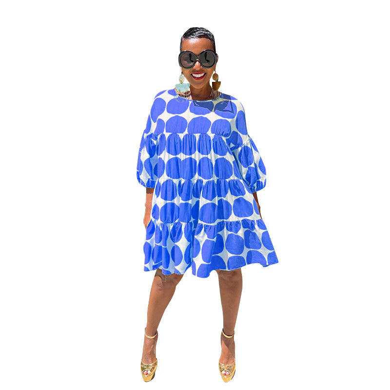 Summer Women Large Polka Dot Loose Round Neck Half-Sleeve Pleated Dress 20