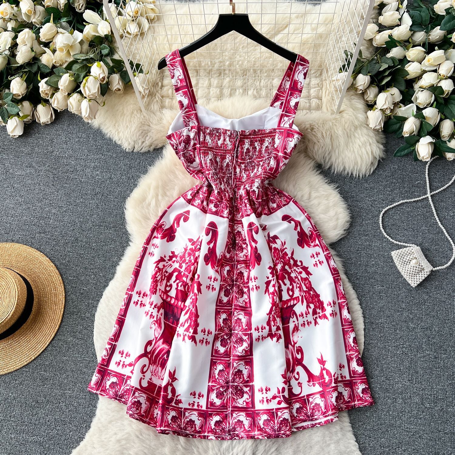 Women French Suspender Printed Strapless Dress 11