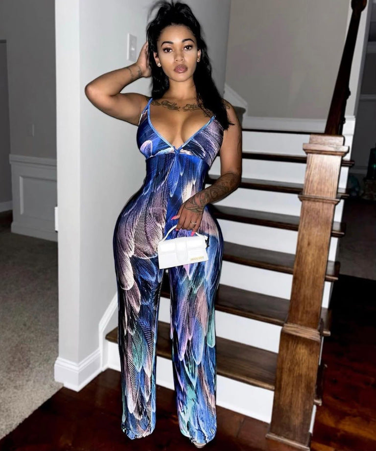Fashion Sexy Printed Strap V-neck Slim Women's Jumpsuit