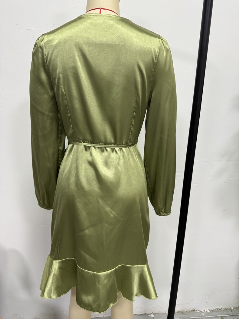 Summer V-Neck Satin Dress Slim Waist Midi Dress 14