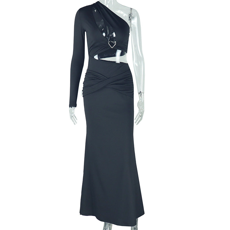 Women Solid Hollow Asymmetric One Shoulder Slash Shoulder Dress 7