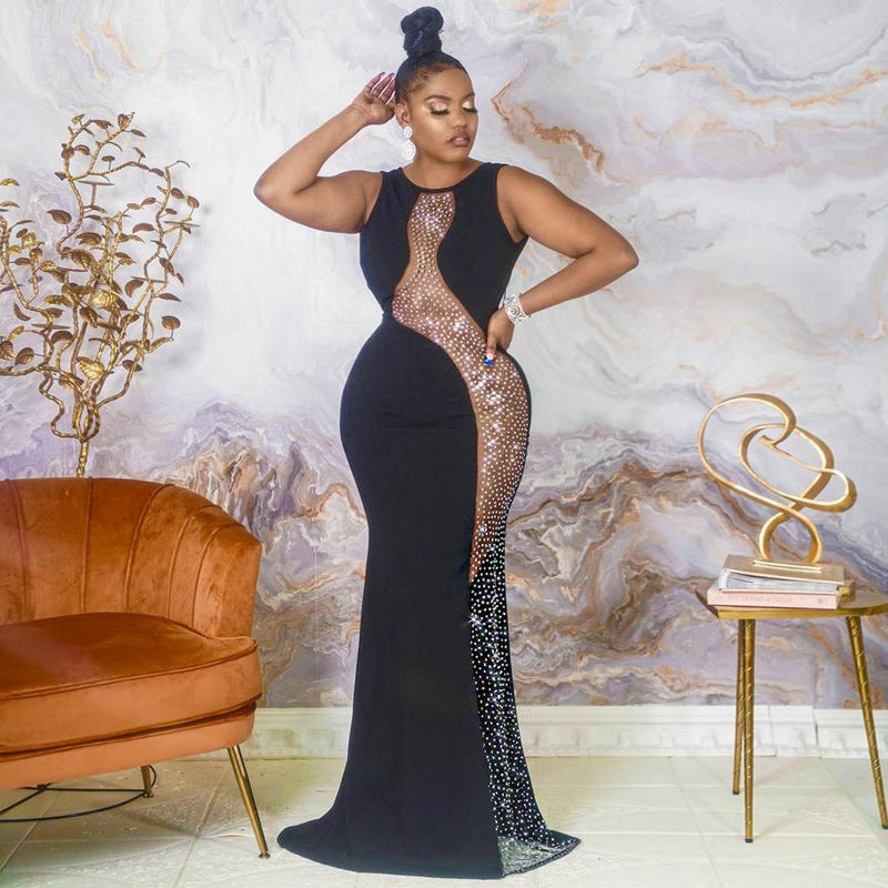 Women Sexy Sleeveless Combination Rhinestone Perspective Evening Dress 4