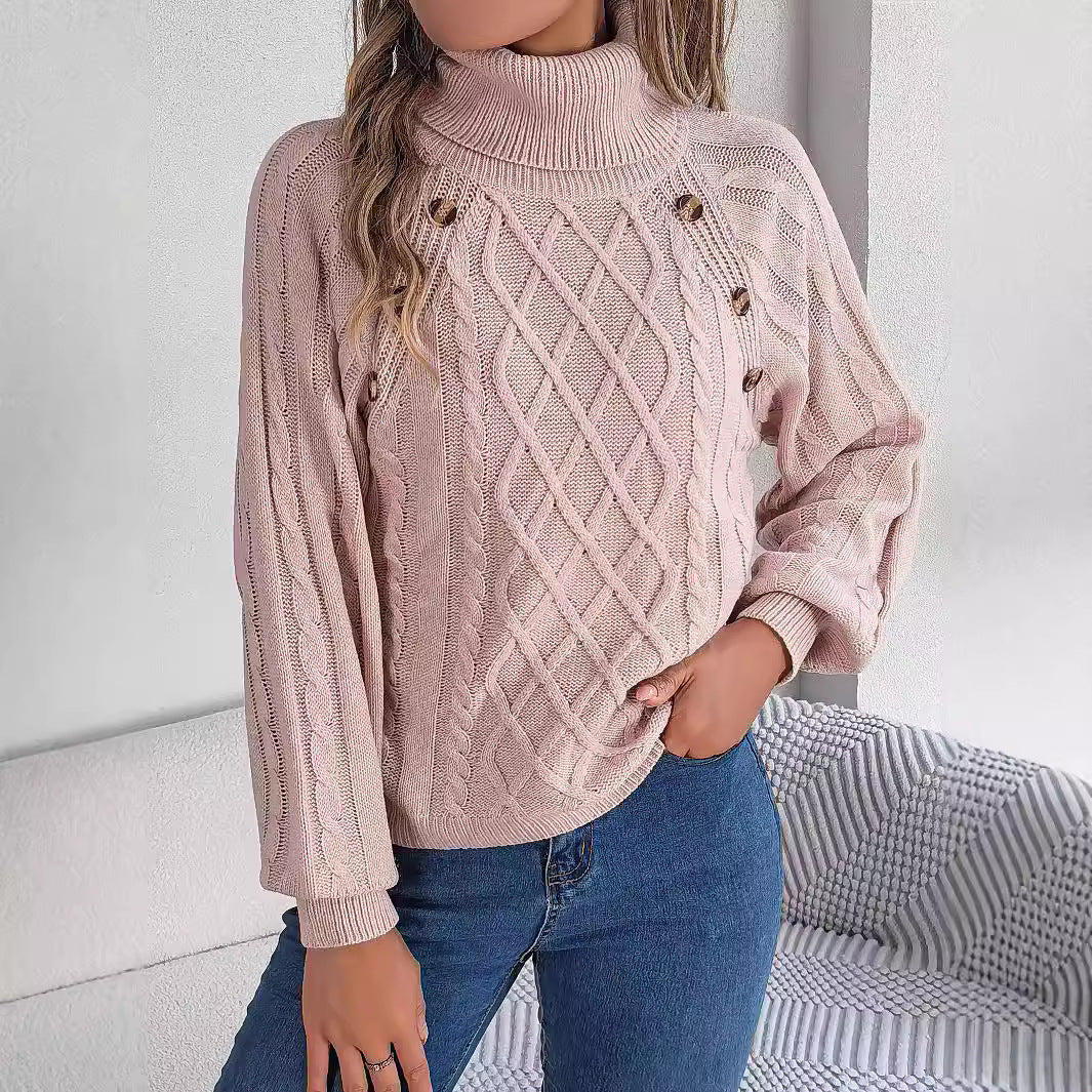 Autumn Winter Casual Solid Color Button Twisted High-Necked Long Sleeve Pullover Sweater Women's Clothing