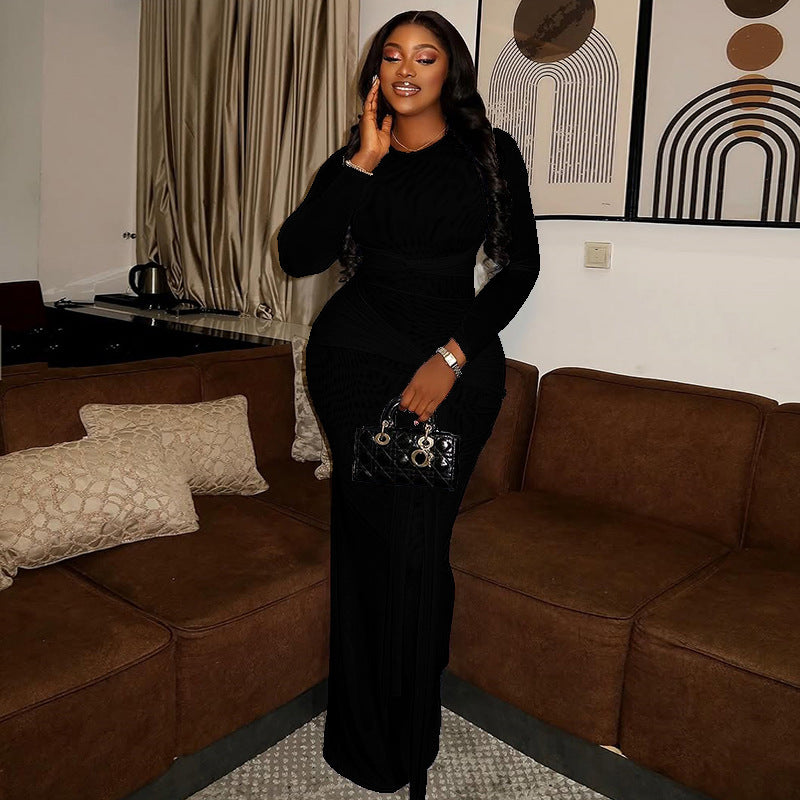 Women's Chic Slim Waist Transparent Pleated Lace-Up Round Neck Solid Color Long Dress 7