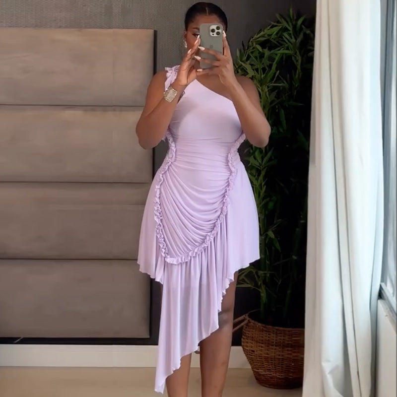 Women's Autumn Fashion One Shoulder Ruffle Hem Asymmetrical Solid Color Dress 6