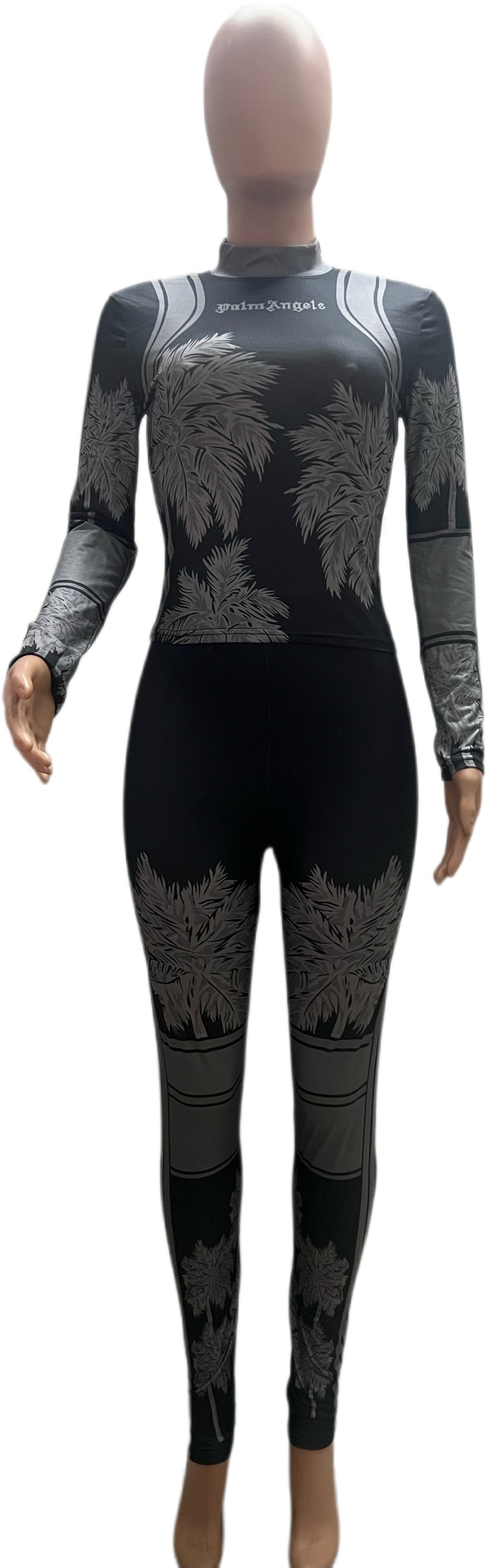 Women's Irregular Printed Tight Fitting Long Sleeve Tops And Pants Casual Two Piece Set 9