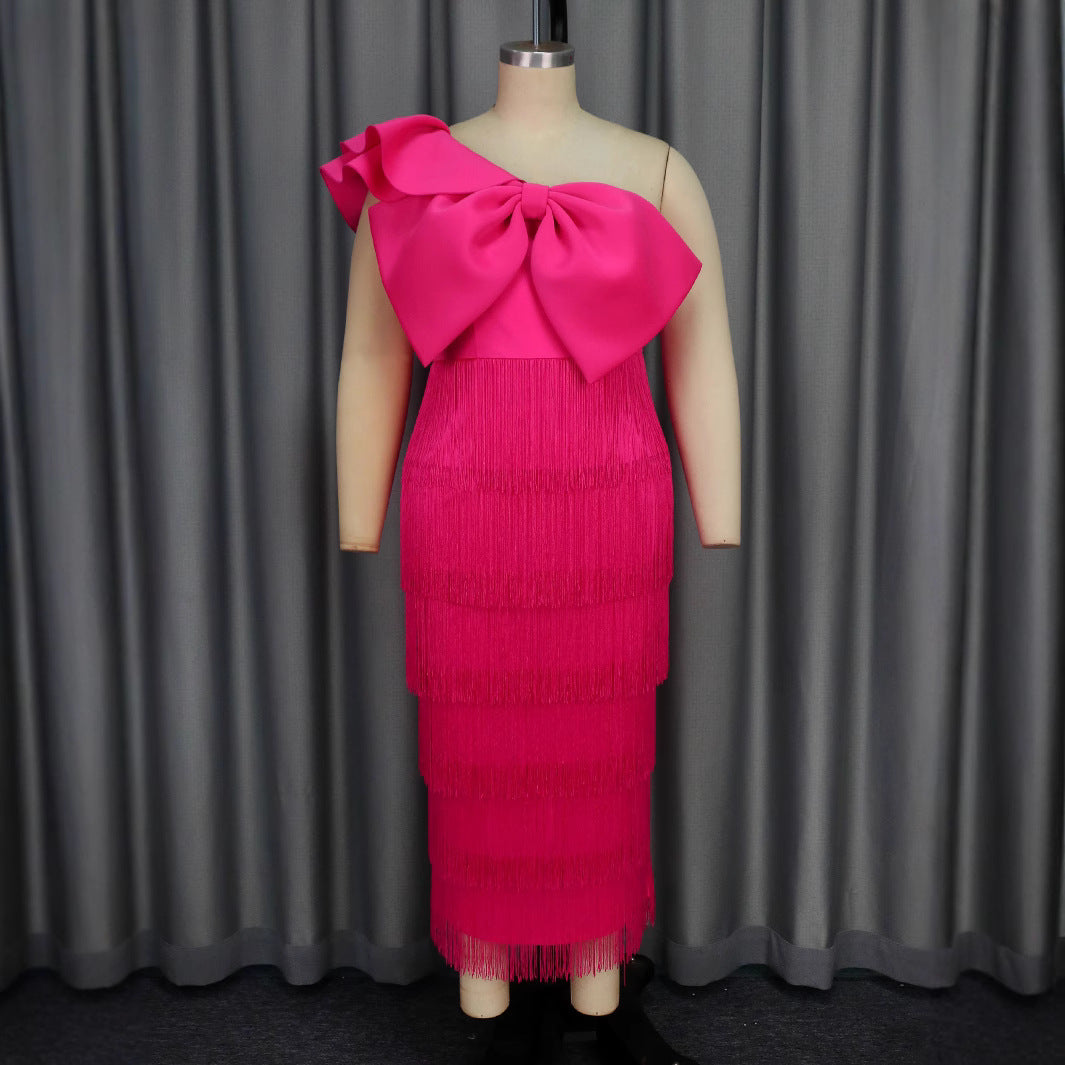 Elegant Solid Color Slash Shoulder Big Bow Fringe Formal Party Dress 7